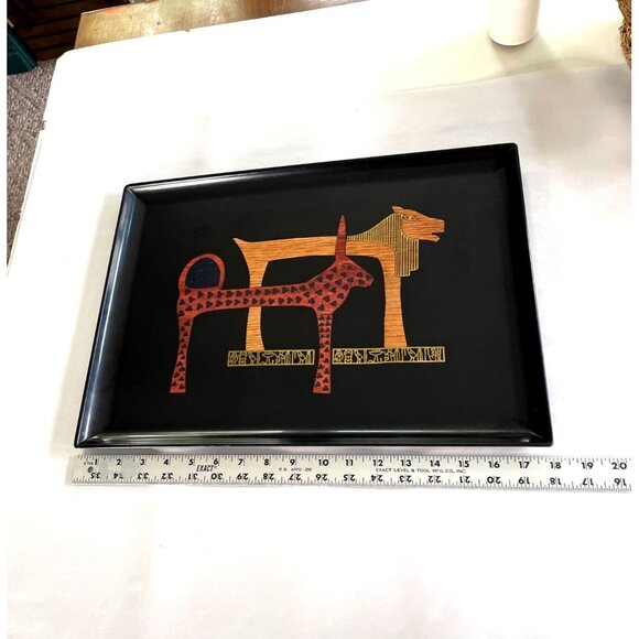 Vtg Couroc of Monterey Rectangular Black Tray Egyptian-Inspired Inlay 18"x12" - Picture 7 of 8
